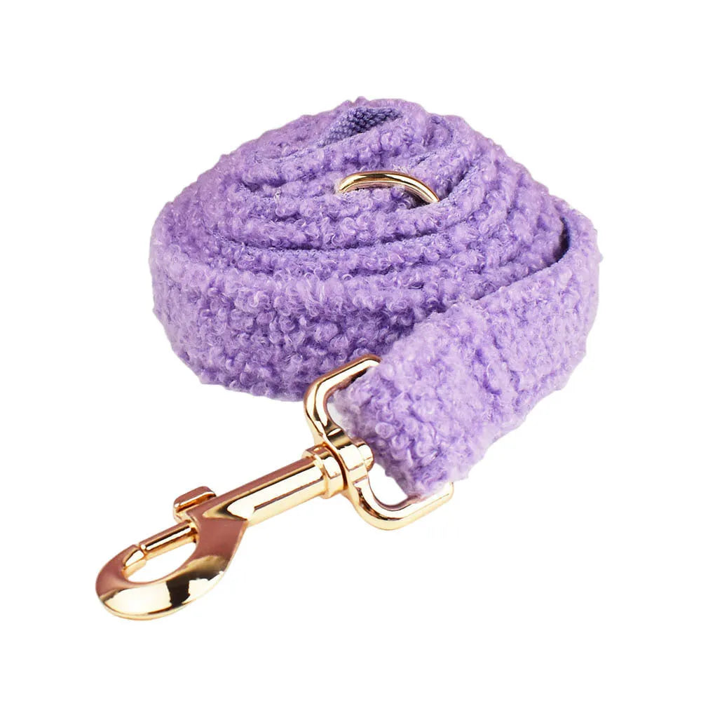 Purple cloth dog collar, leash, bow, and vest set for small dogs