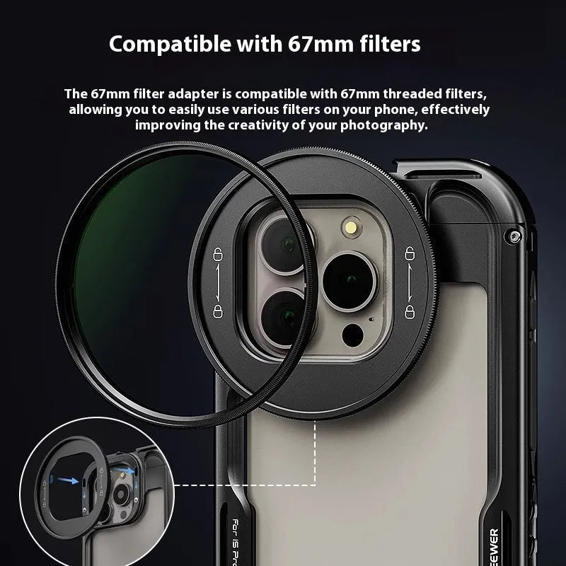 Aluminium alloy metal lens filter expansion box for iPhone 15 Pro and Pro Max with cold shoe and 67mm adapter