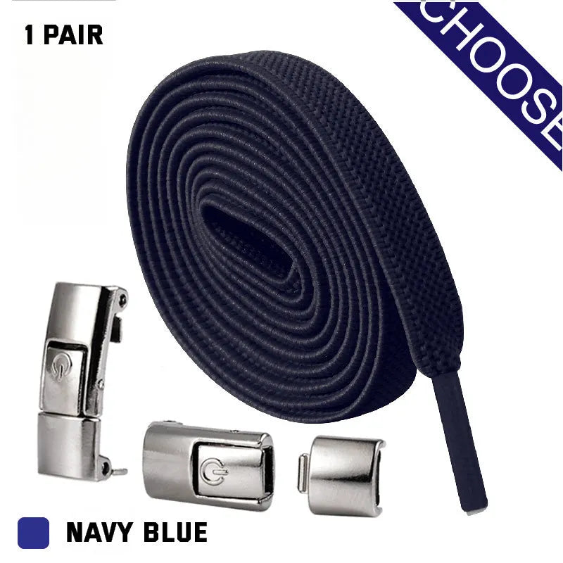 Pair of black 8mm wide flat press lock elastic shoelaces for no-tie fastening on sneakers
