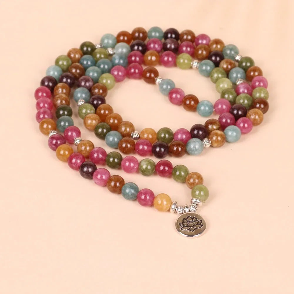 108 beads string lotus hanging multi-layer bracelet in tourmaline colour on alloy.