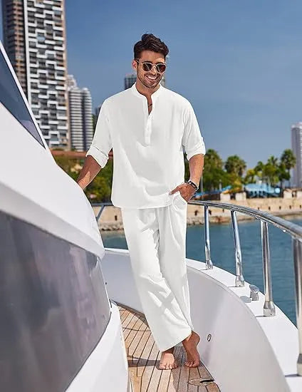 Men's solid colour cotton casual suit with long sleeves and trousers on a hanger.