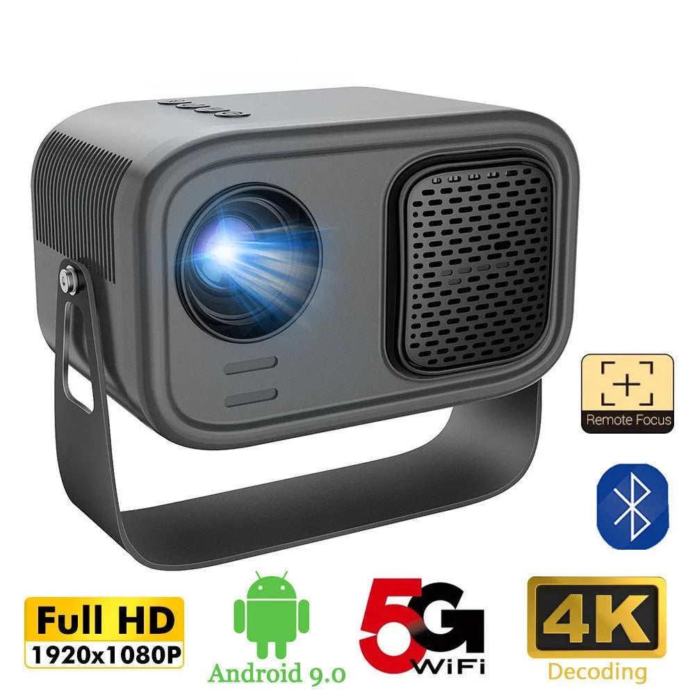 Black portable smart projector with 720p HD resolution and Android operating system