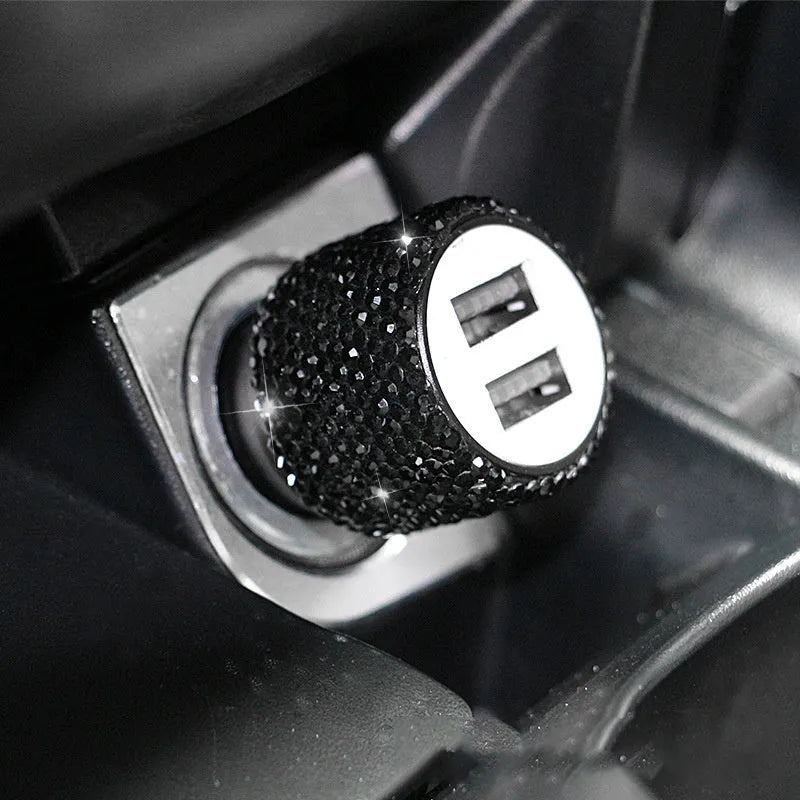Car charger with diamond pattern design in red, white, black, pink, and AB colour options for cigarette lighter sockets.