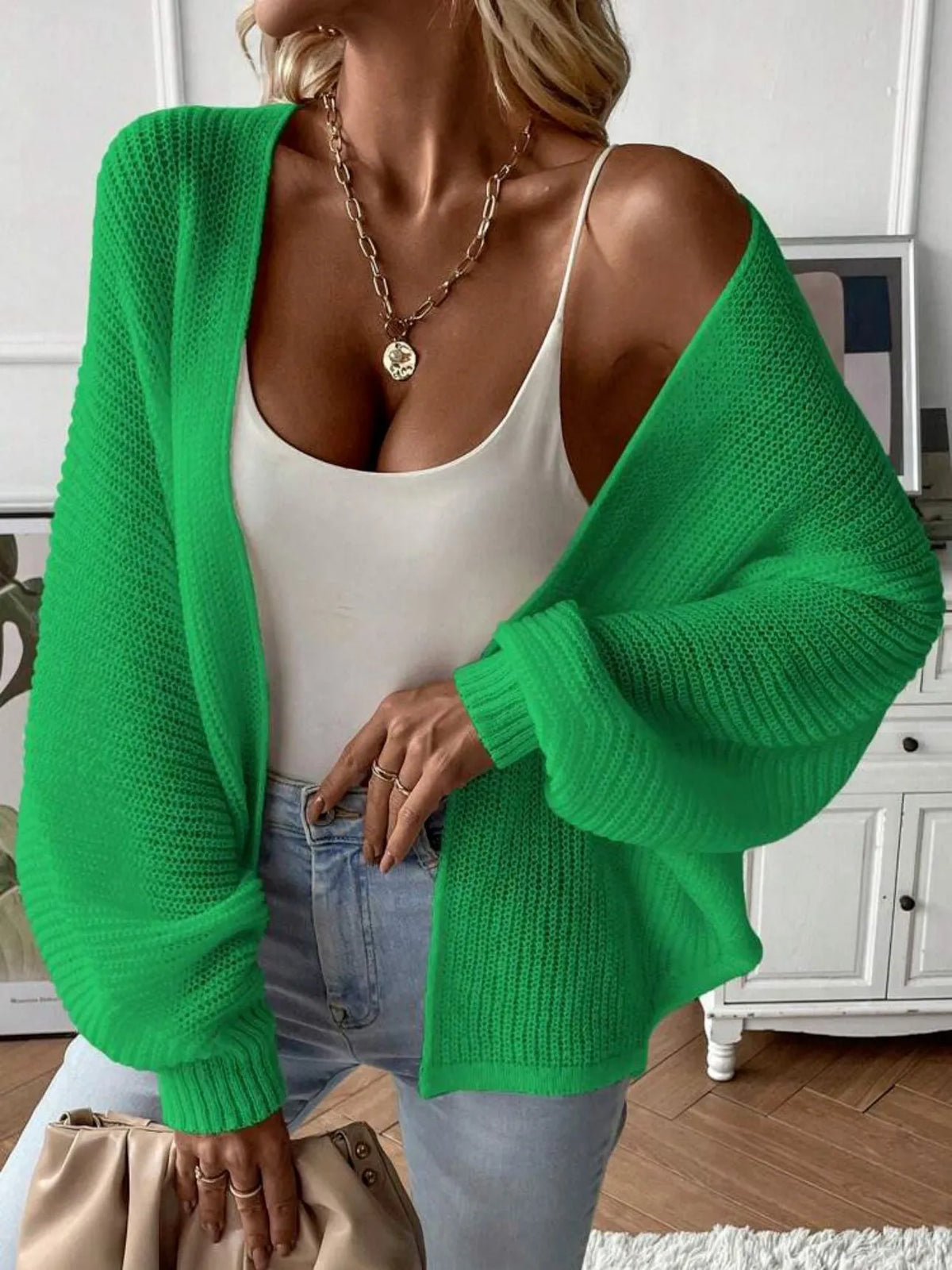 Polyester batwing sleeve cardigan in loose fit available in five solid colours