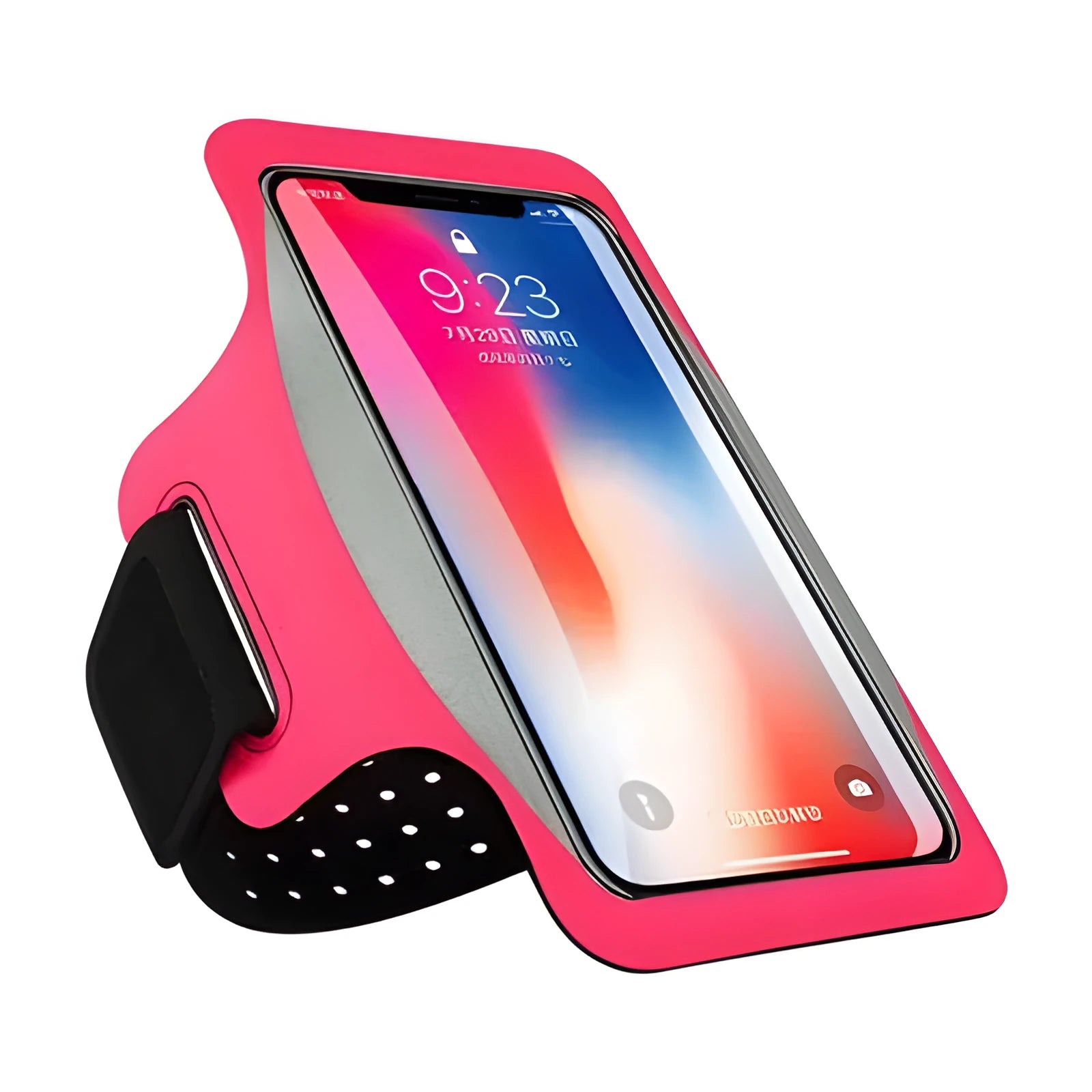 Black running armband phone case with transparent screen and card slot on a person's arm.