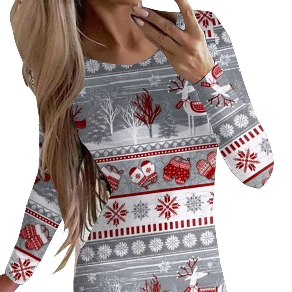 Christmas printed round neck long sleeve narrow dress with animal pattern and colourful flower design