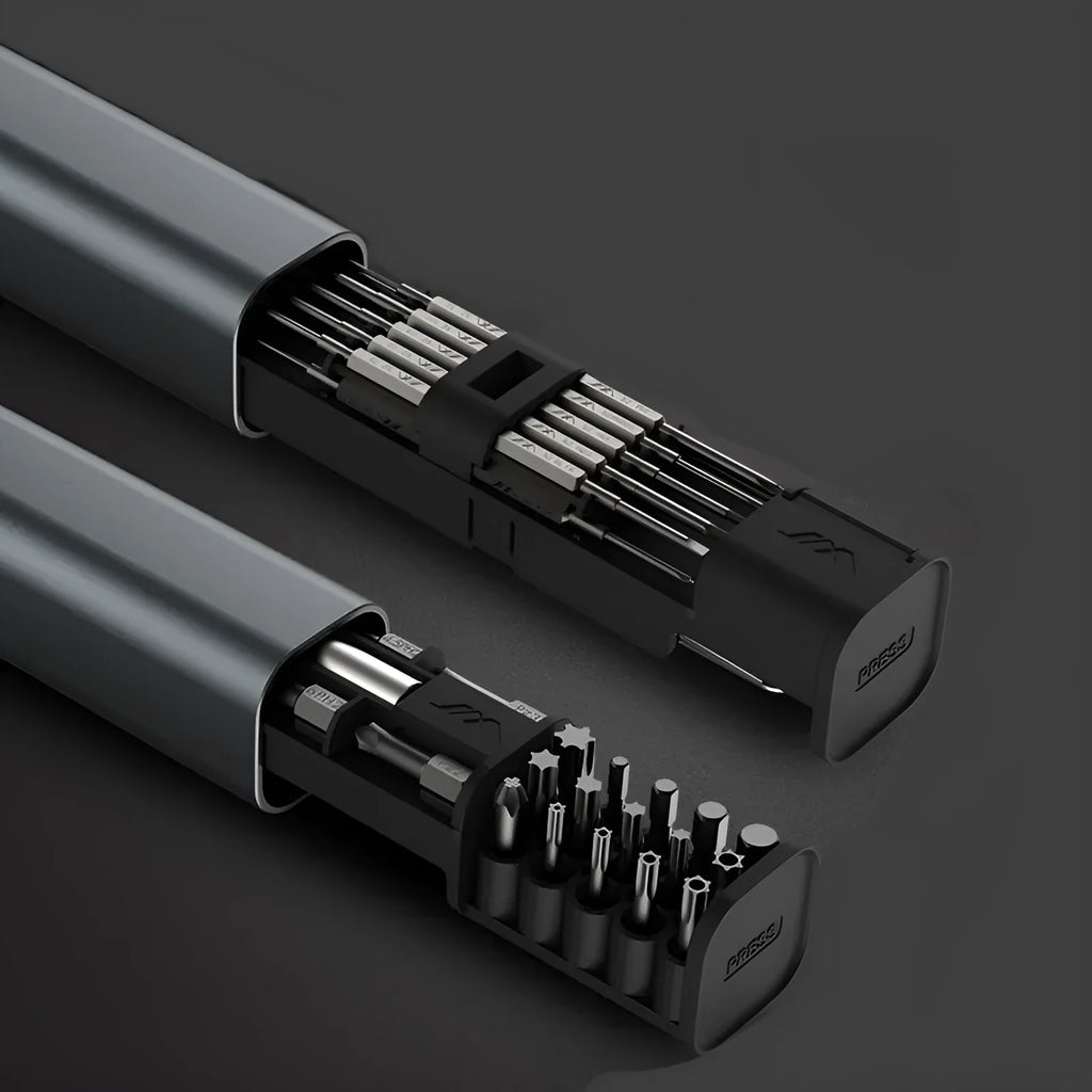 Black screwdriver set gadget with chrome-molybdenum alloy steel bits in small aluminium tube