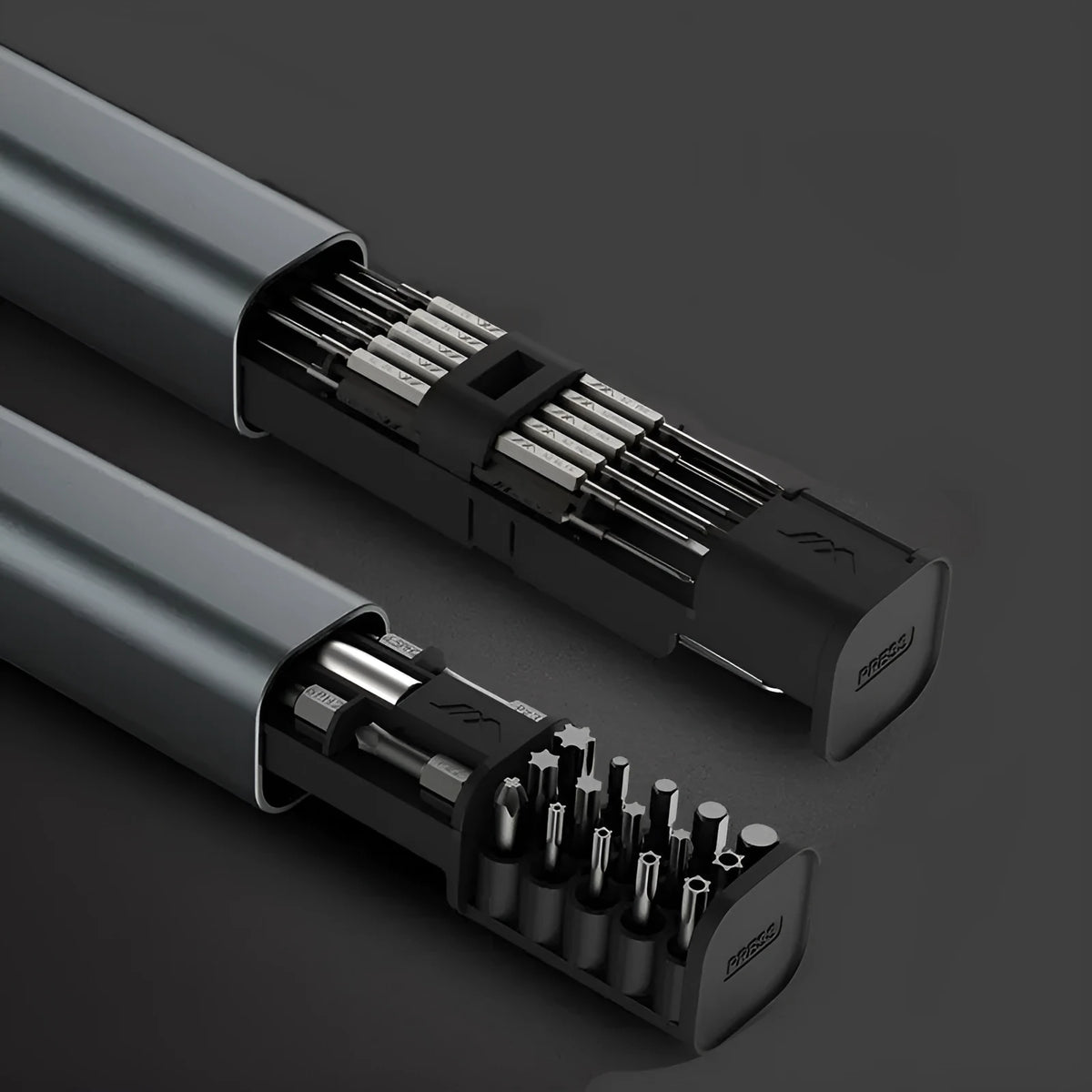 Black screwdriver set gadget with chrome-molybdenum alloy steel bits in small aluminium tube