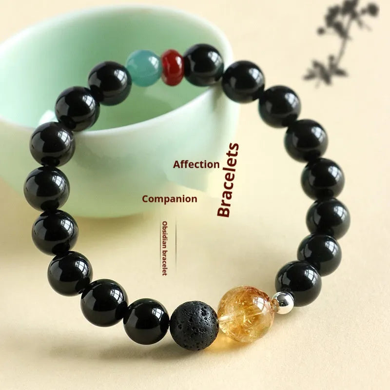 Chinese style couple bracelet with obsidian and agate jade beads in 8mm and 10mm size options.