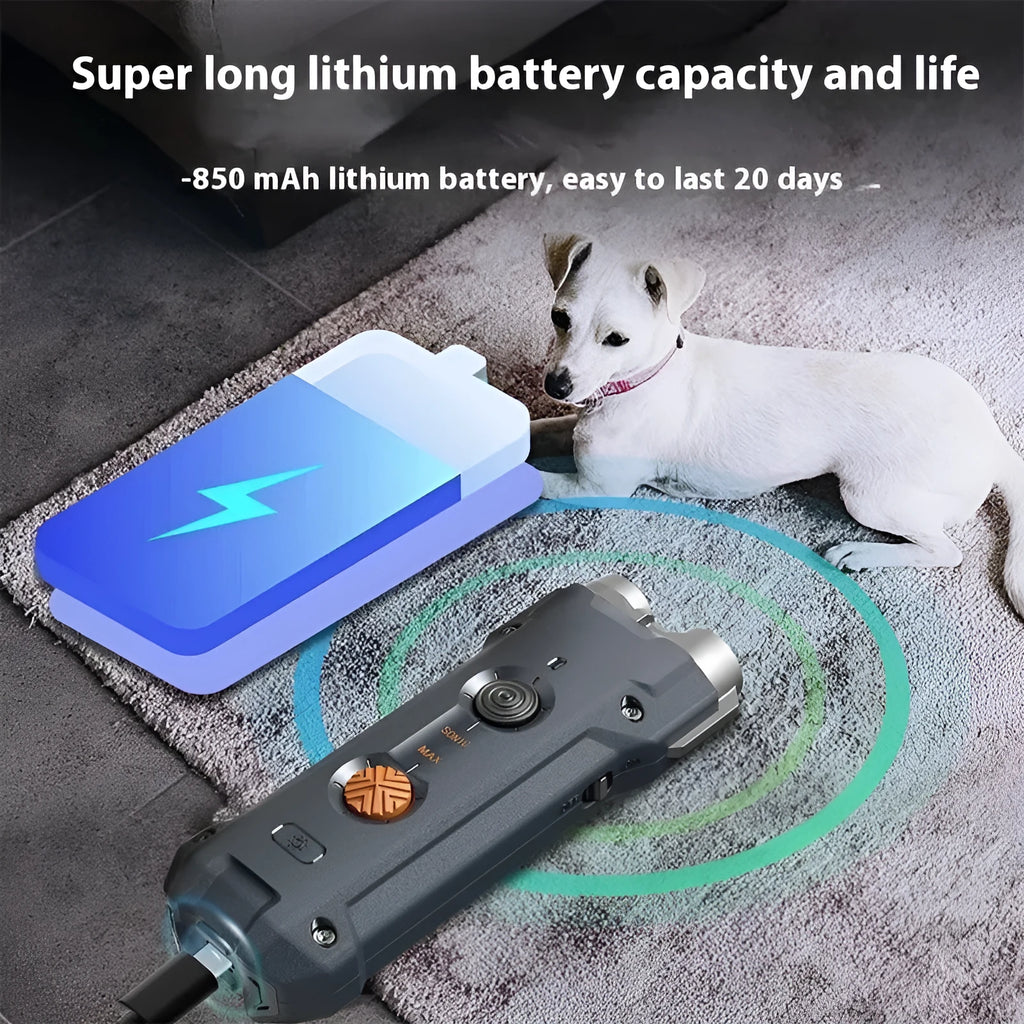 Grey high power ultrasonic dog repellent with ABS shell, 260x41mm, on outdoor surface with charging cable and hanging rope
