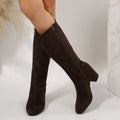 Wide pointed toe chunky heel below the knee suede boots in solid colour, back zipper, rubber sole