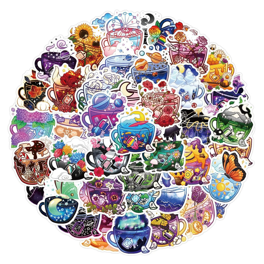 Pack of 50 colourful tea cup graffiti waterproof stickers in Nordic style for DIY luggage and scooter decoration.