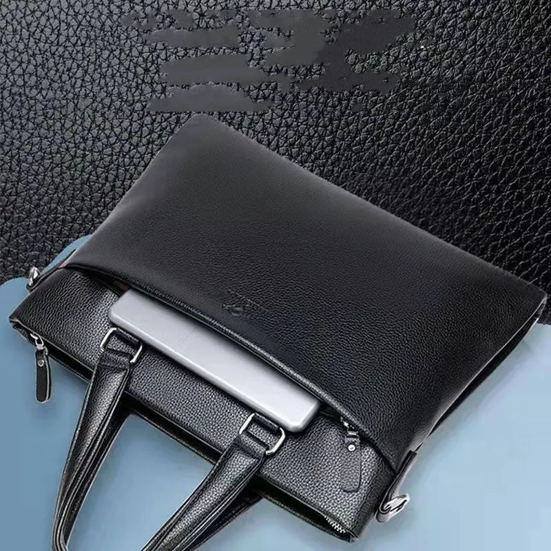 Men's black PU leather business messenger bag with crossbody strap showing 35cm width