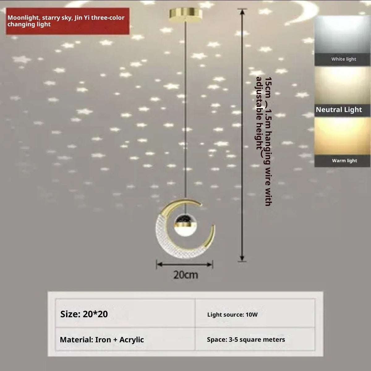 Adjustable pendant light in gold finish with three-color dimming for living room