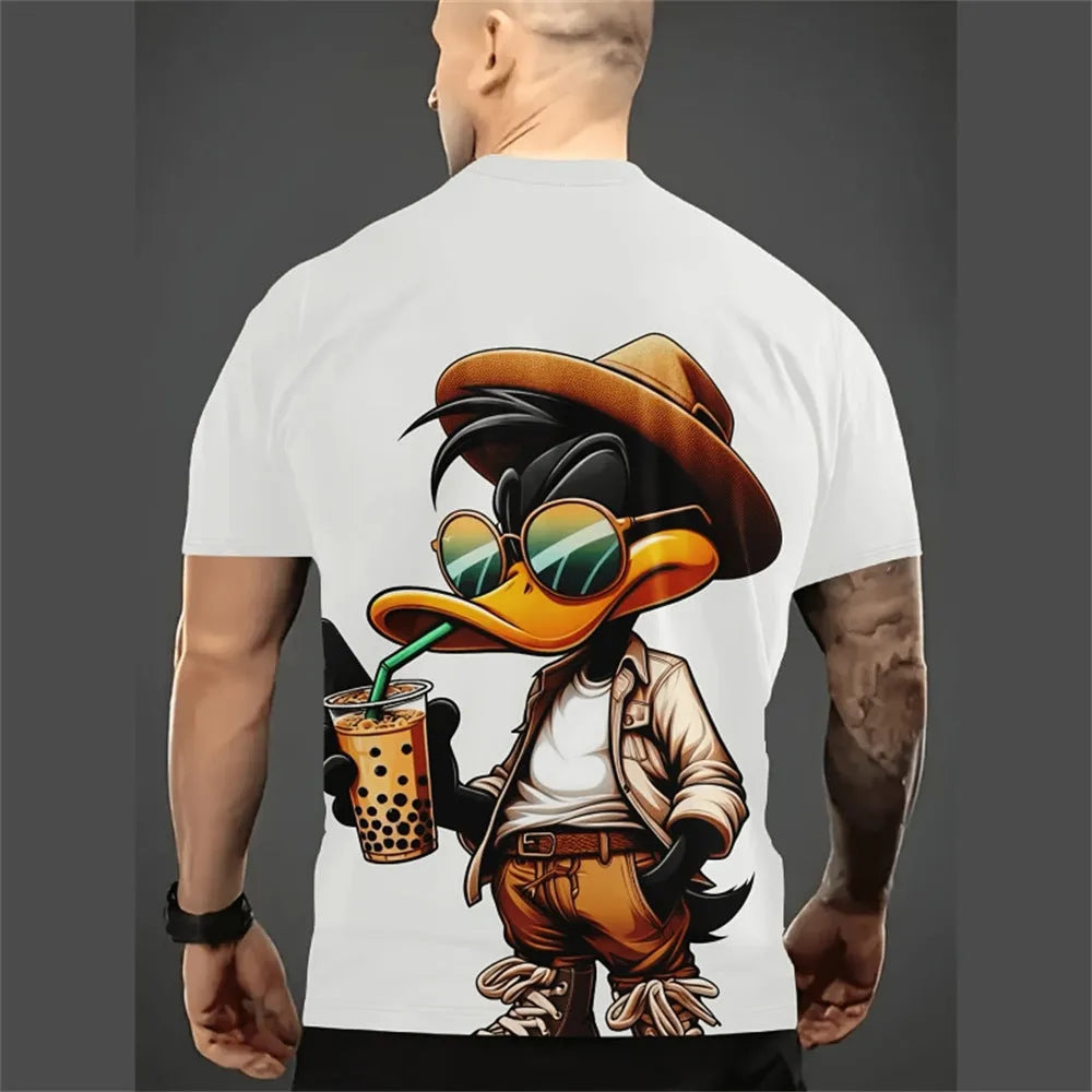 Man wearing a loose-fit short sleeve t-shirt with a colourful 3D printed cartoon design.