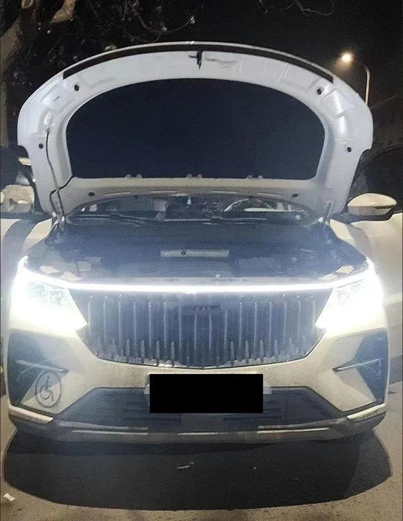 Flexible silicone LED car light strip showing white, blue, and red colour options in different lengths.