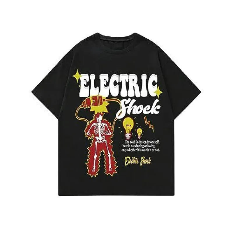 Men's printed short-sleeved sports T-shirt with digital pattern on polyester fabric, showing pullover design and casual streetwear styling