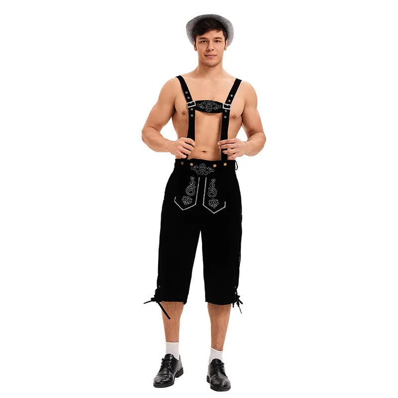 Polyester suspenders beer pants in black, brown, and khaki colours for stage wear