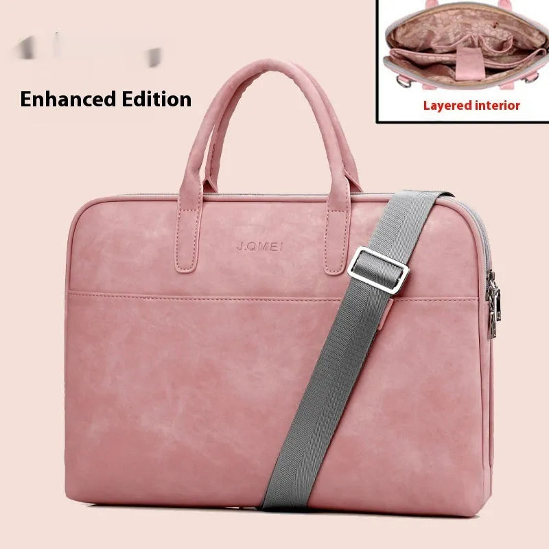 Faux leather laptop bag for women in black with zipper closure, waterproof and shockproof, for 15.6 inch laptop