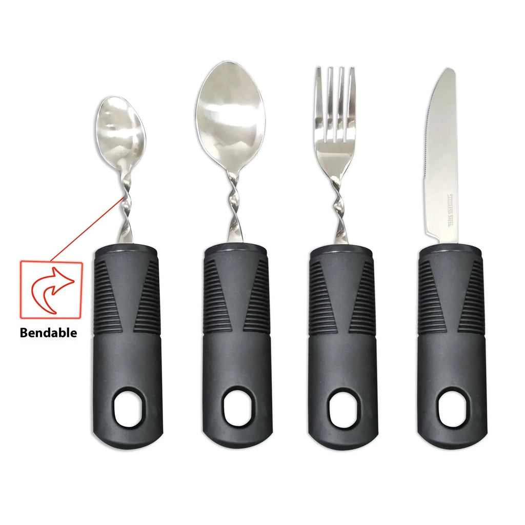 Stainless steel adaptive cutlery set with rubber handles for elderly or disabled users