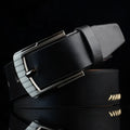 Men's threading casual pin buckle belt in retro pattern, 110cm length, black imitation leather with alloy buckle