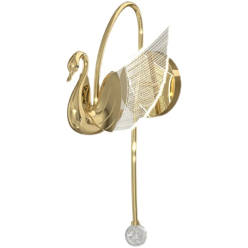 Modern gold swan-shaped wall lamp with white acrylic shade mounted on a wall.