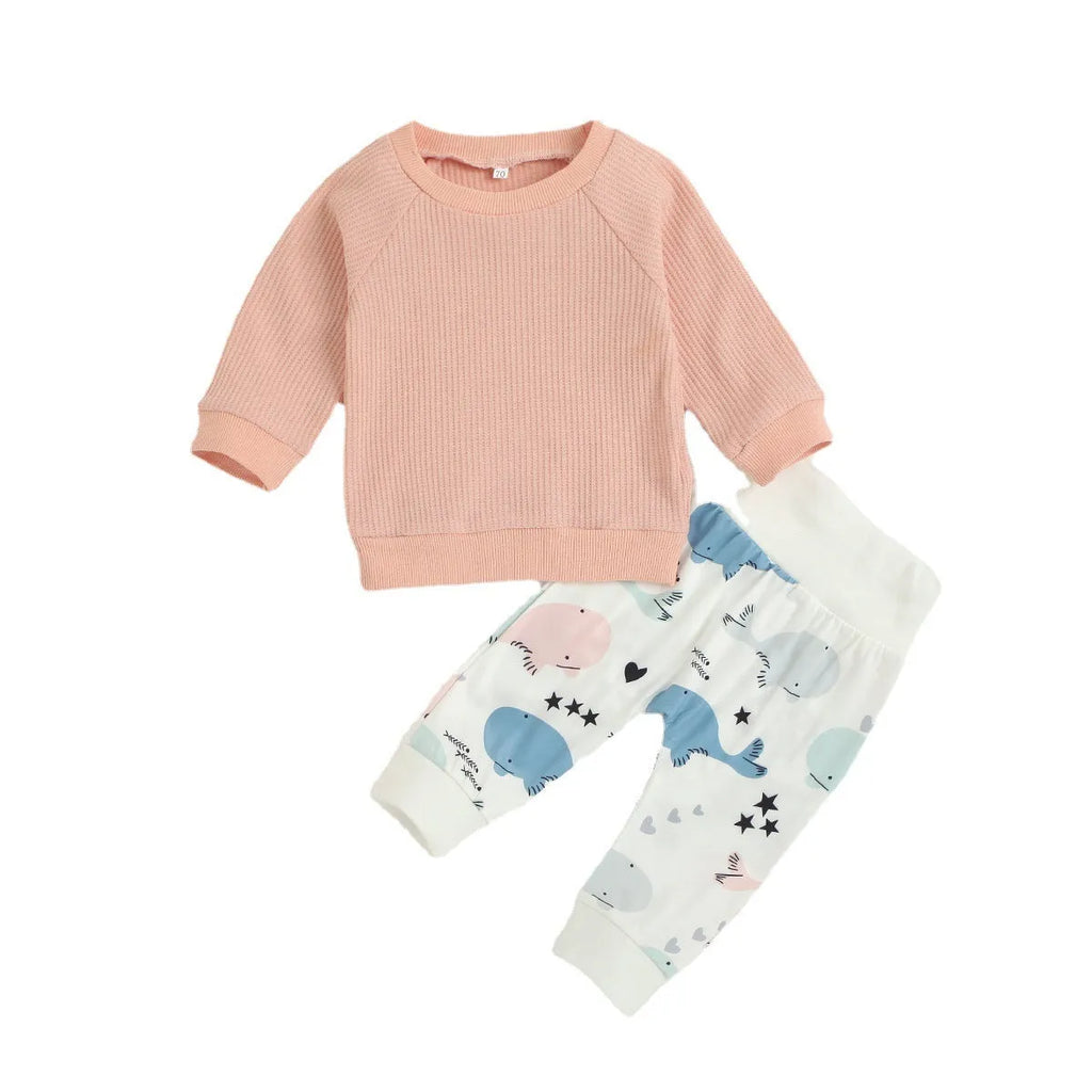 Children's autumn cotton long-sleeve two-piece suit with rainbow pattern in khaki and blue gray options