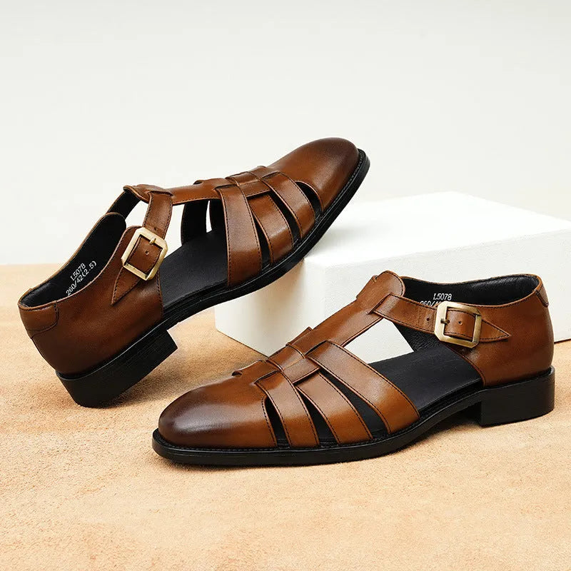 Men's black genuine leather retro sandals with open design and rubber sole.
