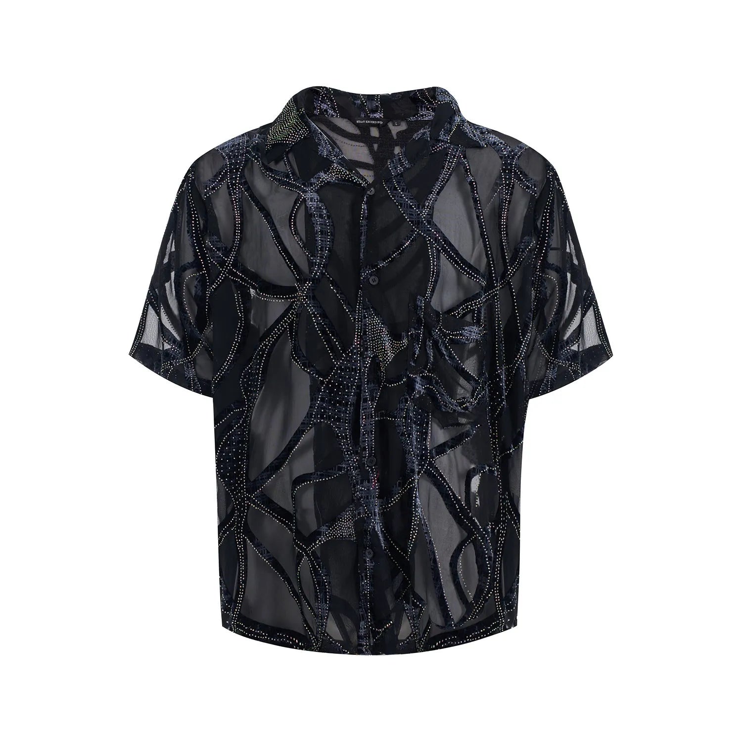 Lightweight translucent black and grey snake pattern men's short-sleeved shirt with lapel collar