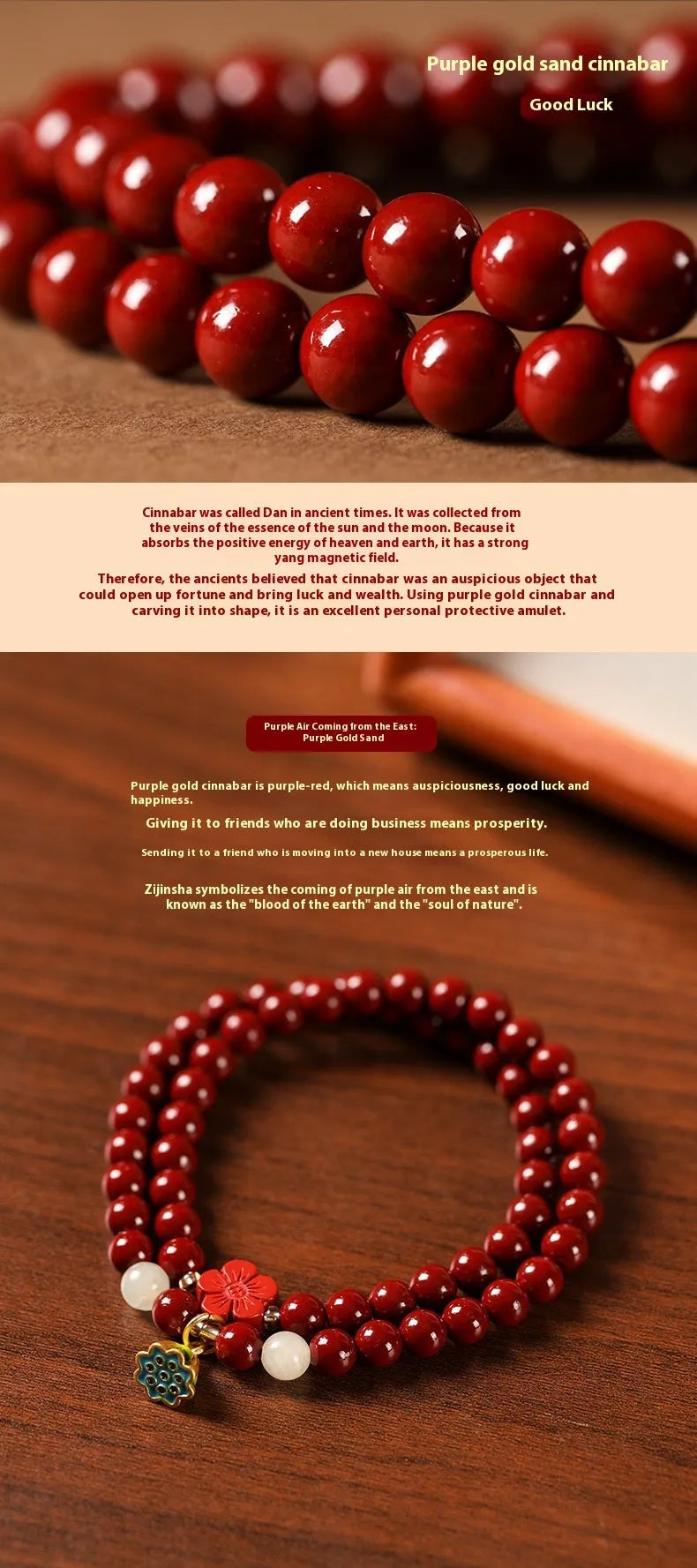 Purple gold cinnabar bead bracelet with lotus decoration and double circle design