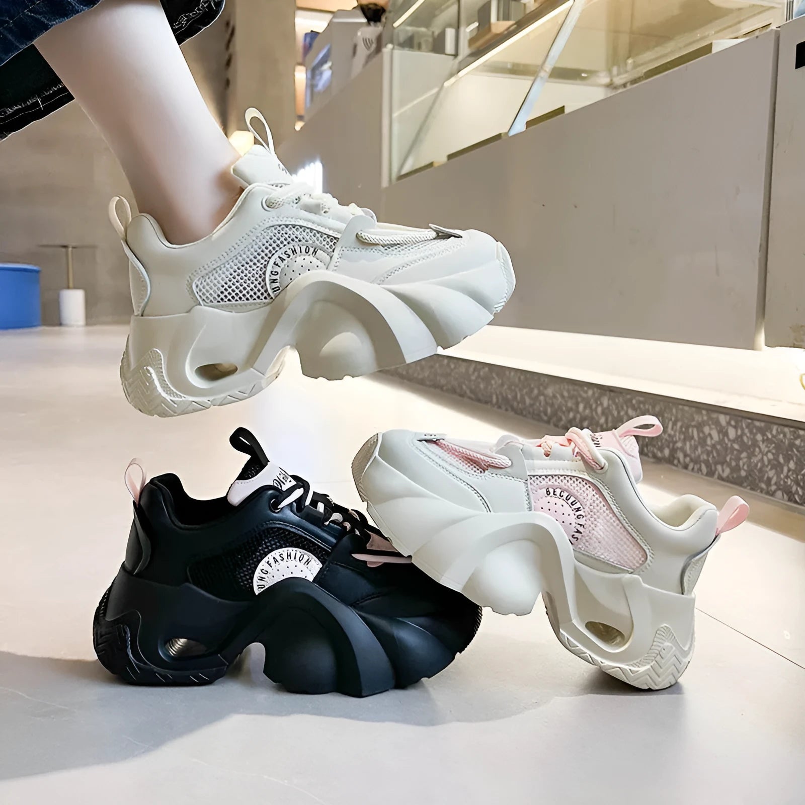 Women's casual sneakers with thick sole and cross straps in pink, black and beige options