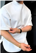 White men's round hem T-shirt with a buttoned placket on the front.