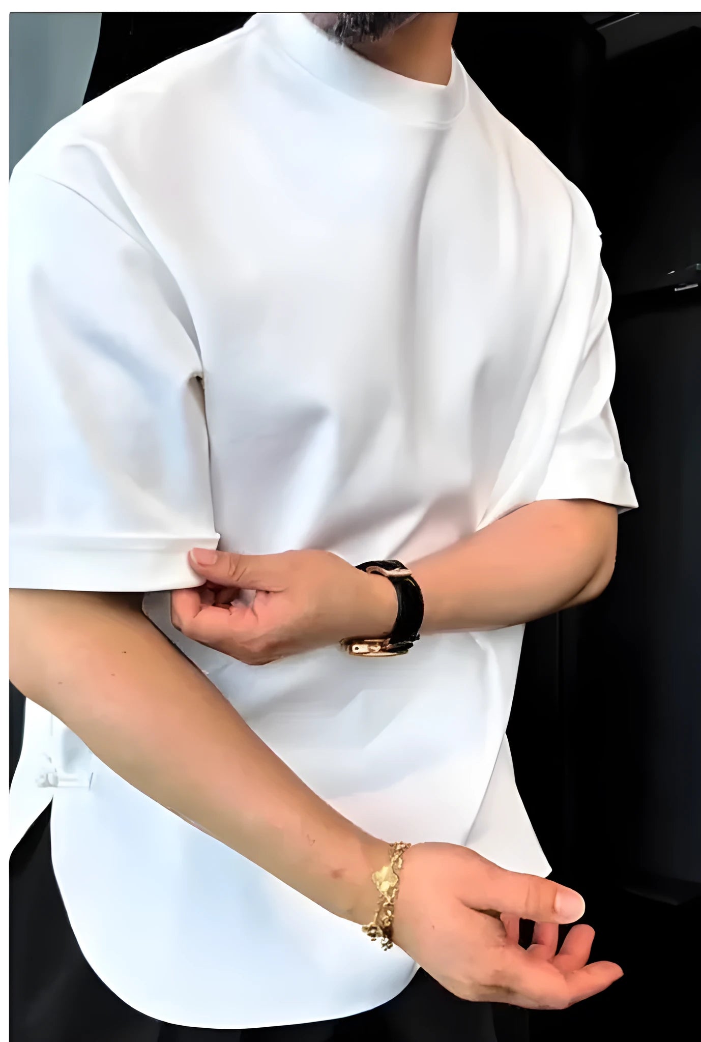White men's round hem T-shirt with a buttoned placket on the front.