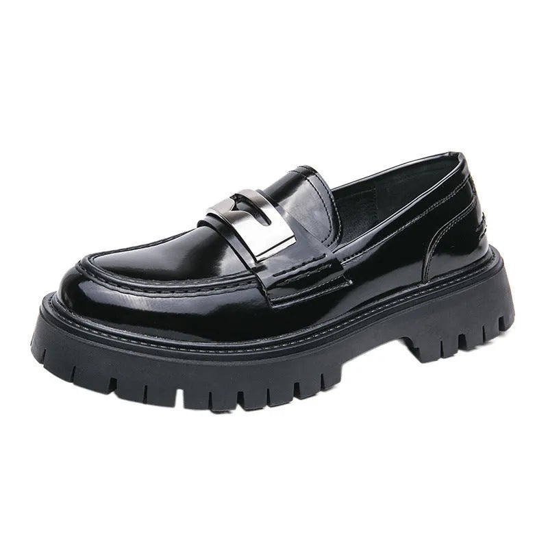 Men's black glossy platform loafers with hidden low heel for summer wear