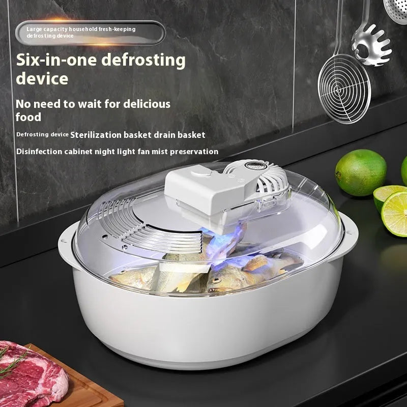 Aluminium quick defrosting plate for food on a kitchen worktop.