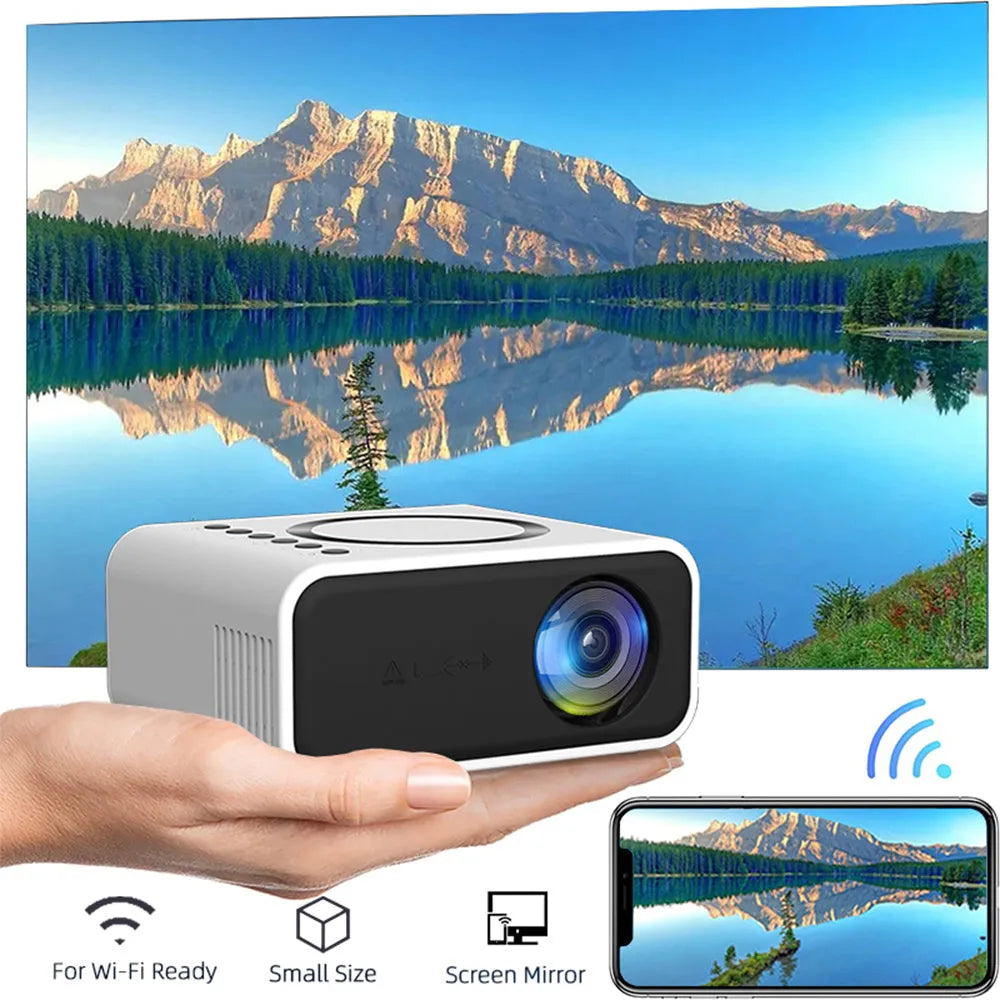 YT300 black or white portable mini projector with remote control on a table