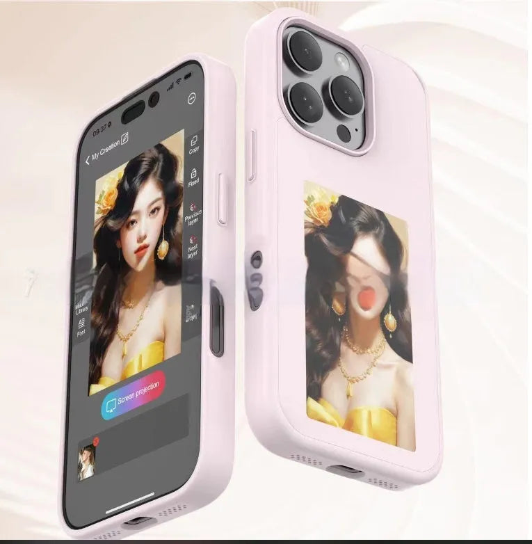 E-ink phone case for Apple iPhone with NFC screen projection displayed in black TPU, showing a custom image on the e-ink screen