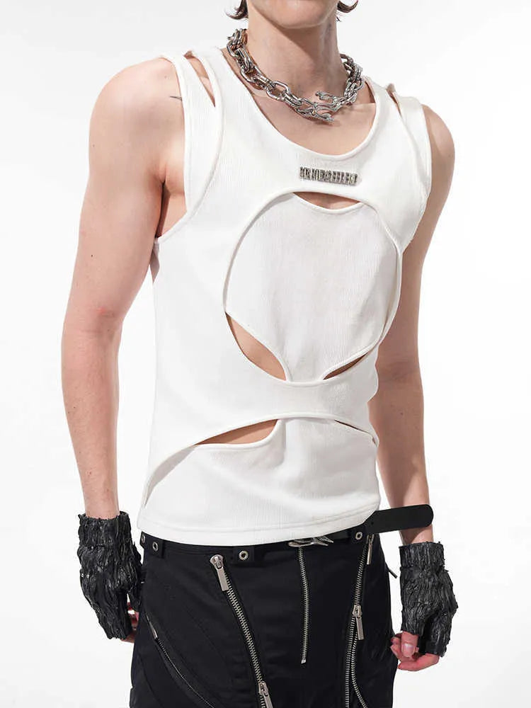 Men's black and white hollow thread sleeveless waistcoat with round neck