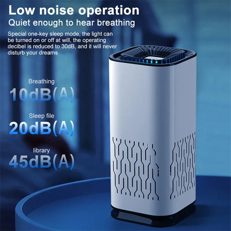 Portable car air purifier with double air inlets, black colour, 60x60x130mm size