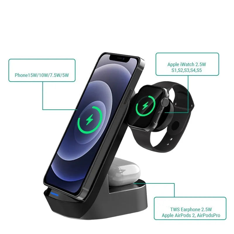 Black grey foldable 3-in-1 wireless charger stand holding a phone, Apple Watch and AirPods case.