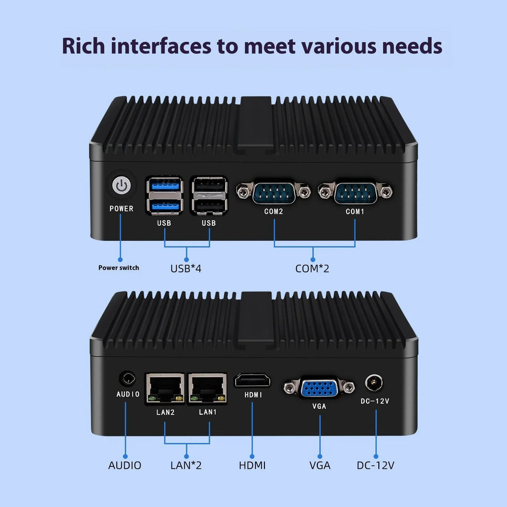 Compact industrial fanless mini PC with metal case, showing rear ports and small 13.6x12.7x4cm size.
