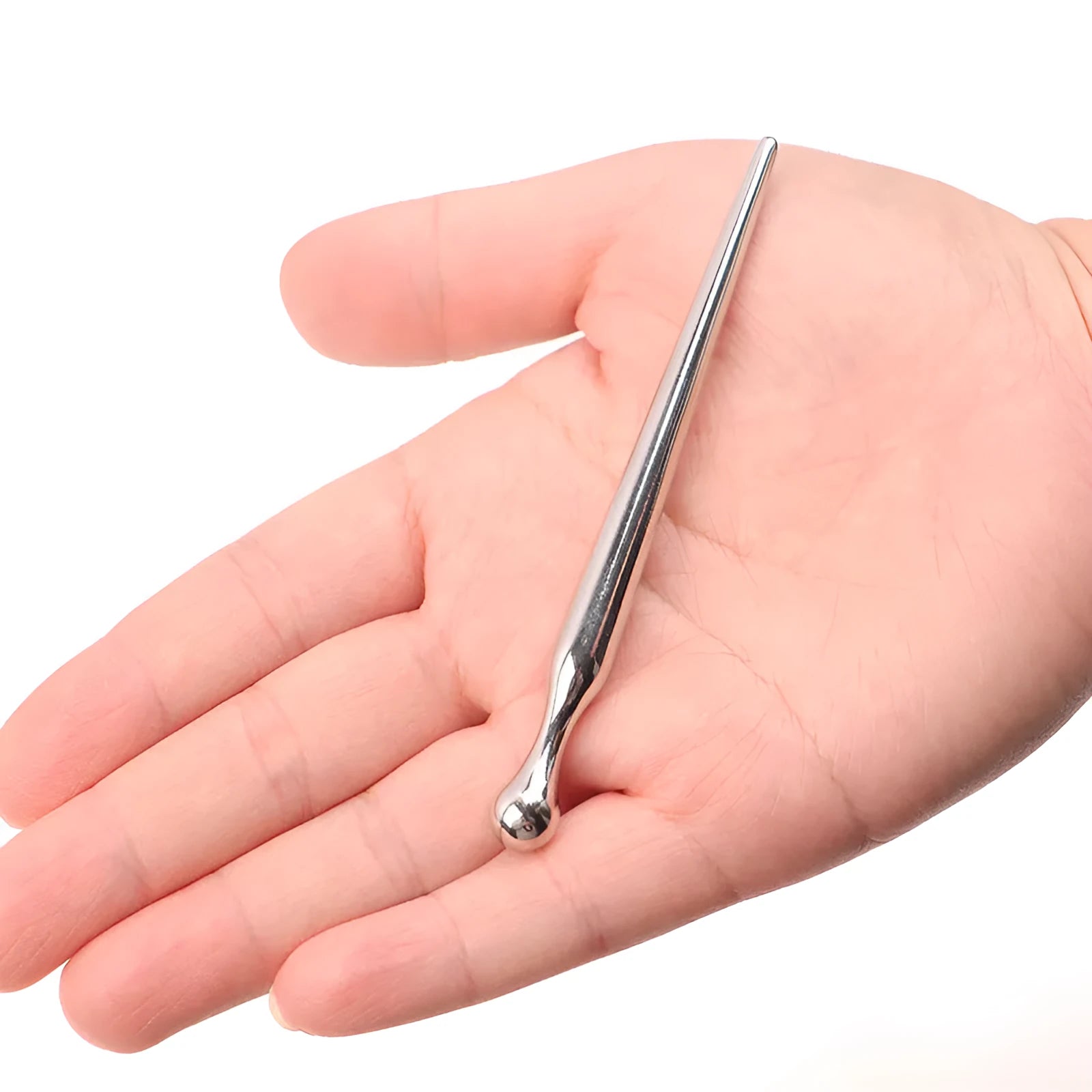 Silver metal urethral stimulation plug stick with round beads and a horse eye end design.