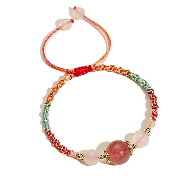 Hand-woven women's couple bracelet with gemstone beads and white agate straps in diamond pattern