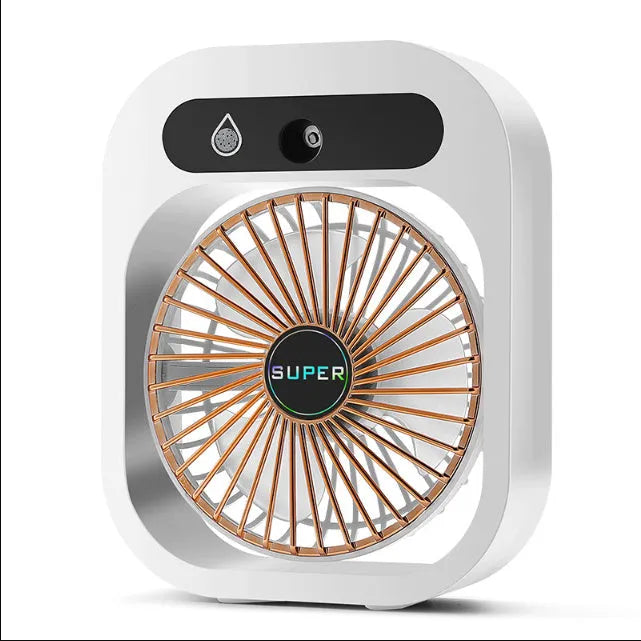 Green USB rechargeable misting fan with 3 speed settings and adjustable head on a desk