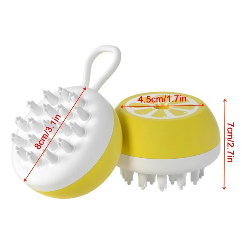 Blue 3-in-1 dog shampoo brush with silicone massage head and non-slip handle for bath time.