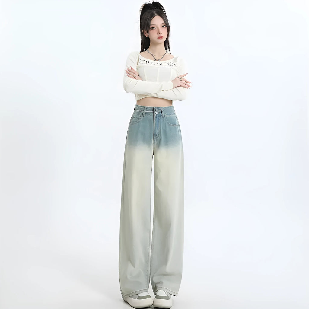 Women's gradient blue straight-leg denim trousers with wide leg style on hanger