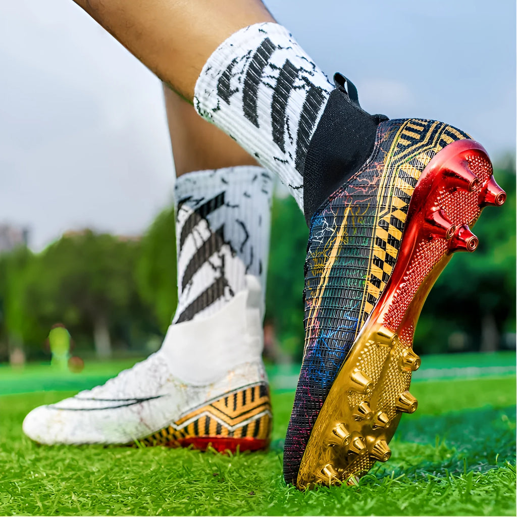 High-top football training shoes in mandarin duck colour with gold-plated PVC sole and lace-up closure