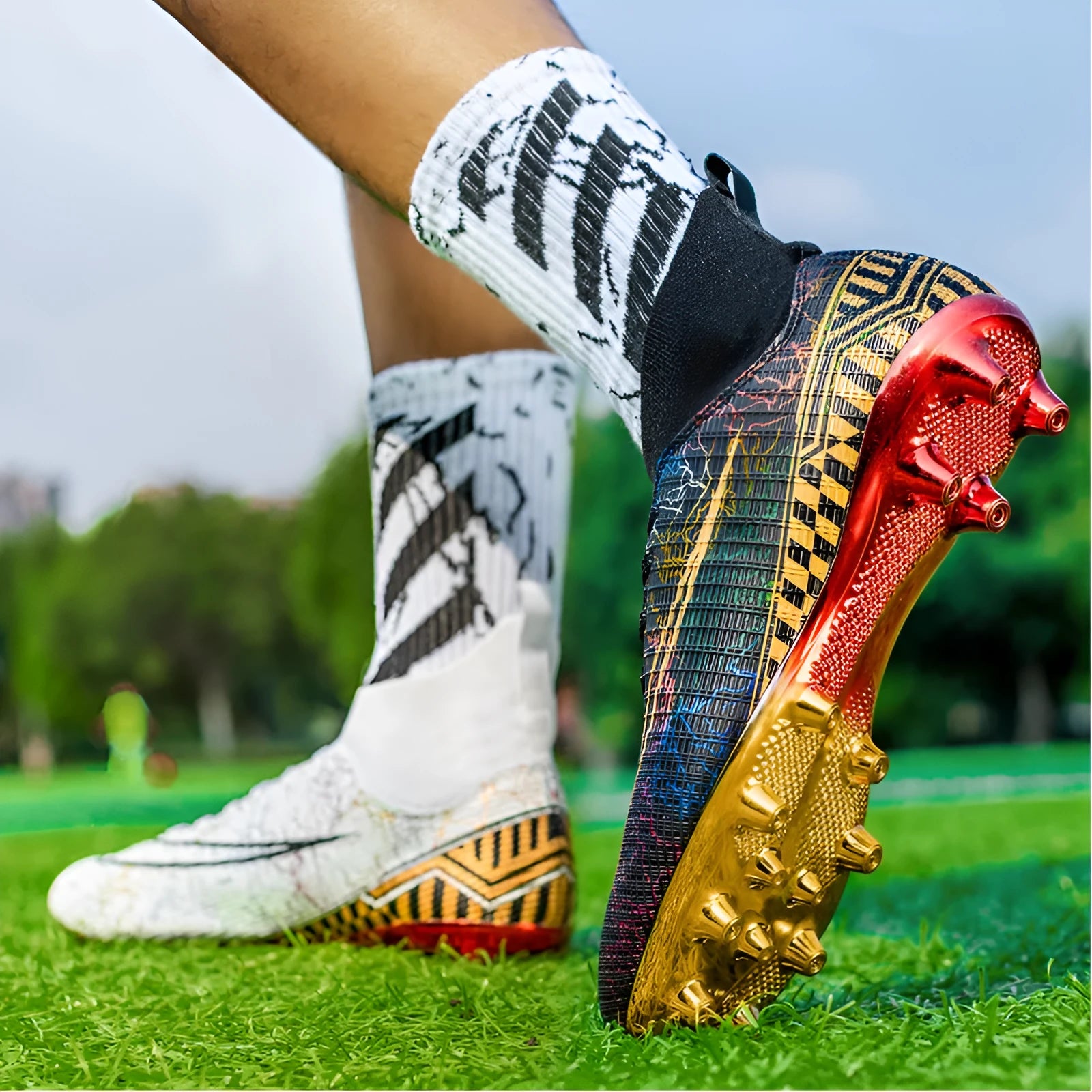 High-top football training shoes in mandarin duck colour with gold-plated PVC sole and lace-up closure