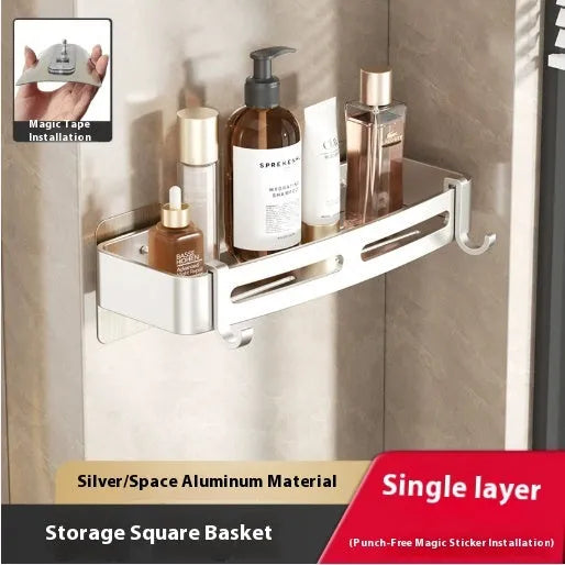 Gun grey punch-free wall-mounted bathroom corner storage rack with fan-shaped design