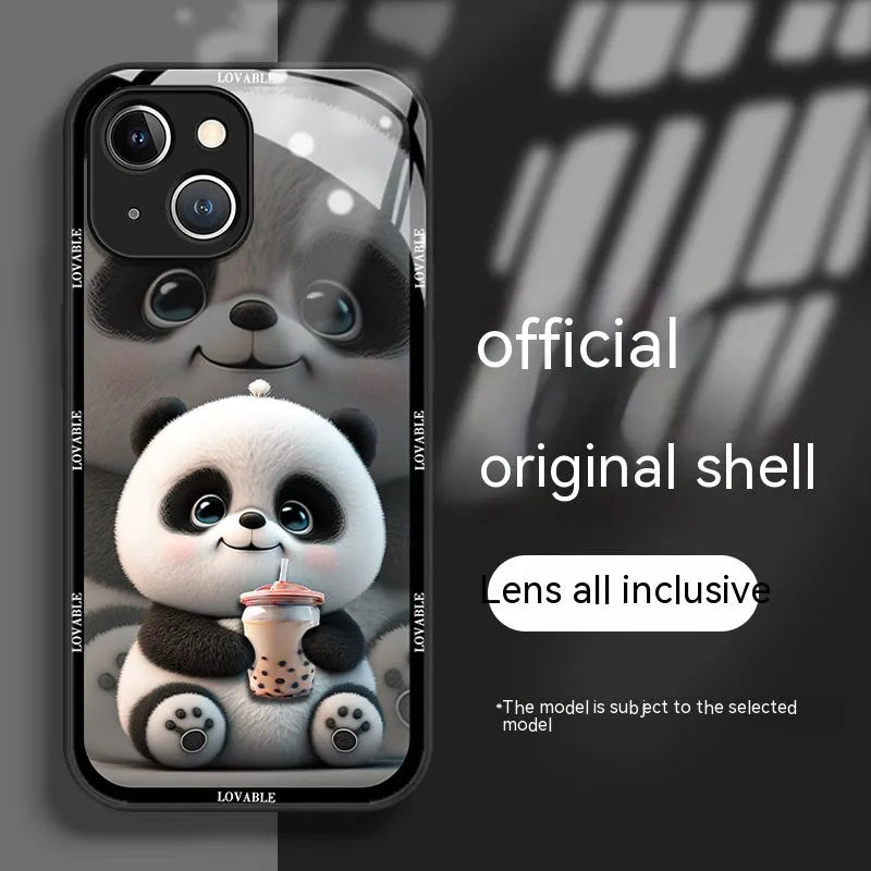 Glass liquid silicone shockproof phone case for iPhone with panda design, black shell, full coverage